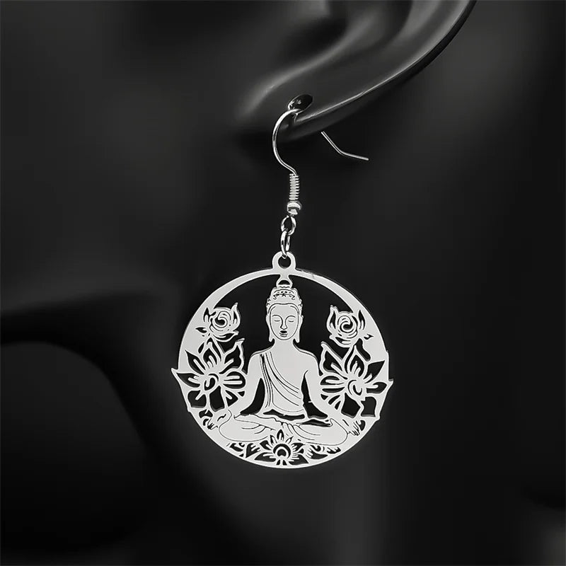 Pendientes Colgantes Buda y Flor de Loto plata