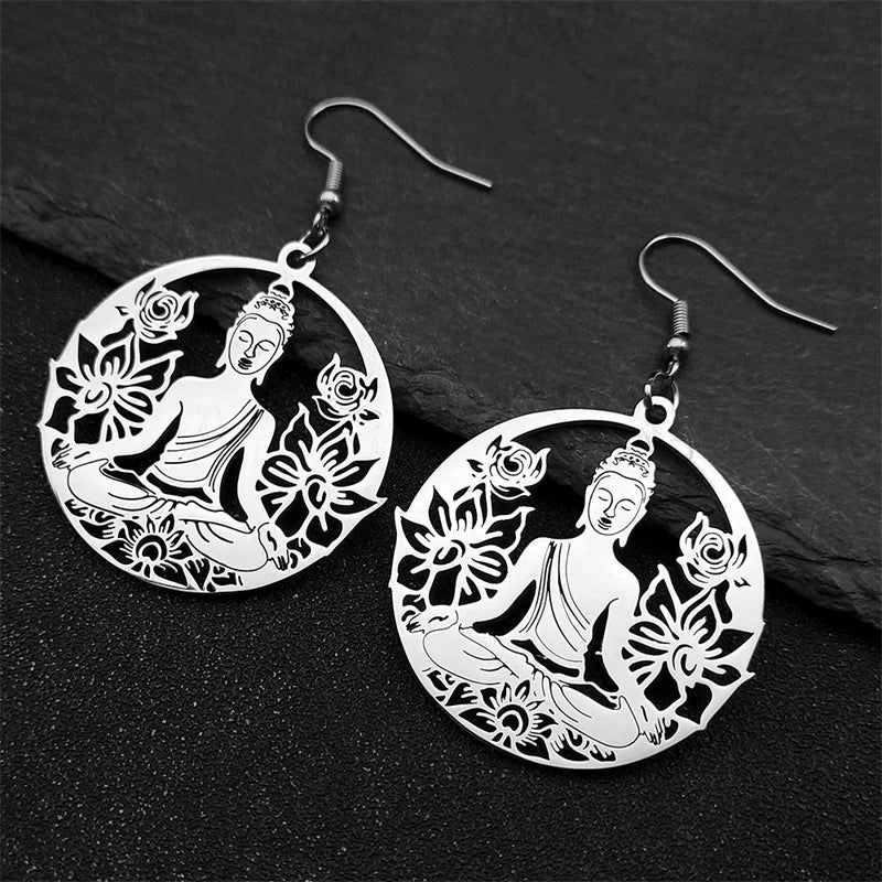 Pendientes Colgantes Buda y Flor de Loto plata
