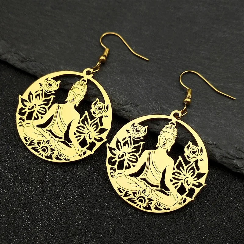 Pendientes Colgantes Buda y Flor de Loto oro