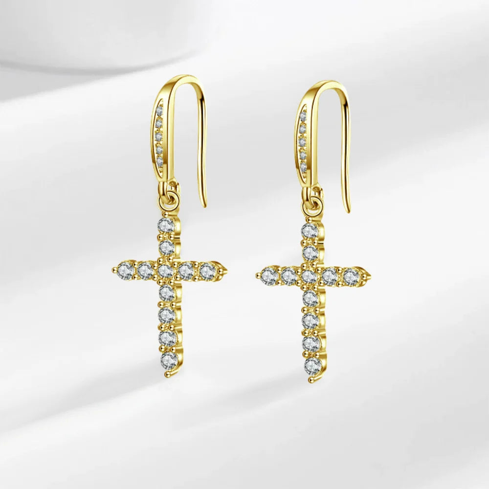 Pendientes Colgantes de Cruz con Circonita en Oro