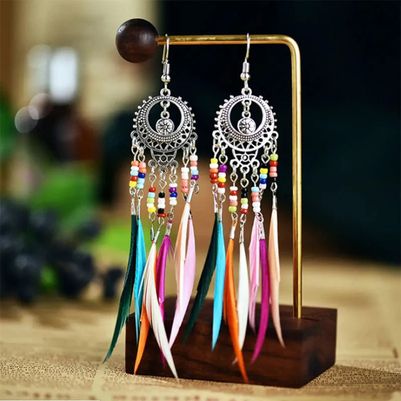 Pendientes Colgantes Étnicos Plumas de Colores para Mujer plata
