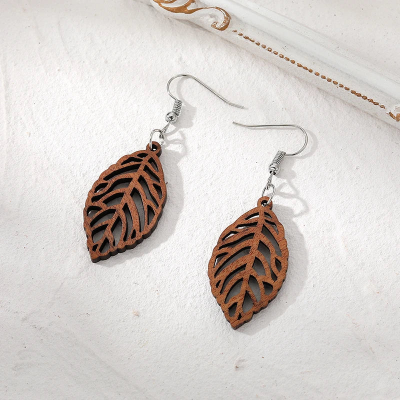 Pendientes Colgantes Hoja de Laurel en Madera