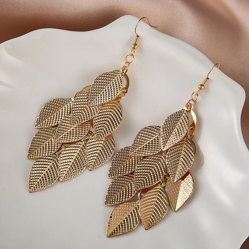 Pendientes Colgantes de Hojas para Mujer oro
