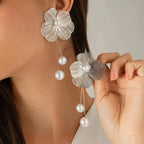 Pendientes Colgantes Flor y Perlas plata