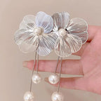 Pendientes Colgantes Flor y Perlas plata