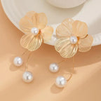Pendientes Colgantes Flor y Perlas oro