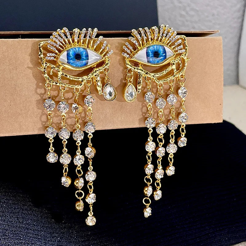 Pendientes Colgantes Ojo Azul y Strass