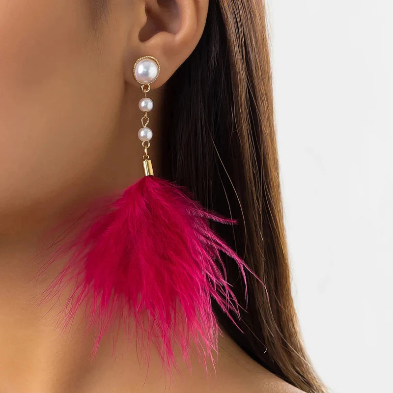 Pendientes Colgantes con Perlas y Plumas 5