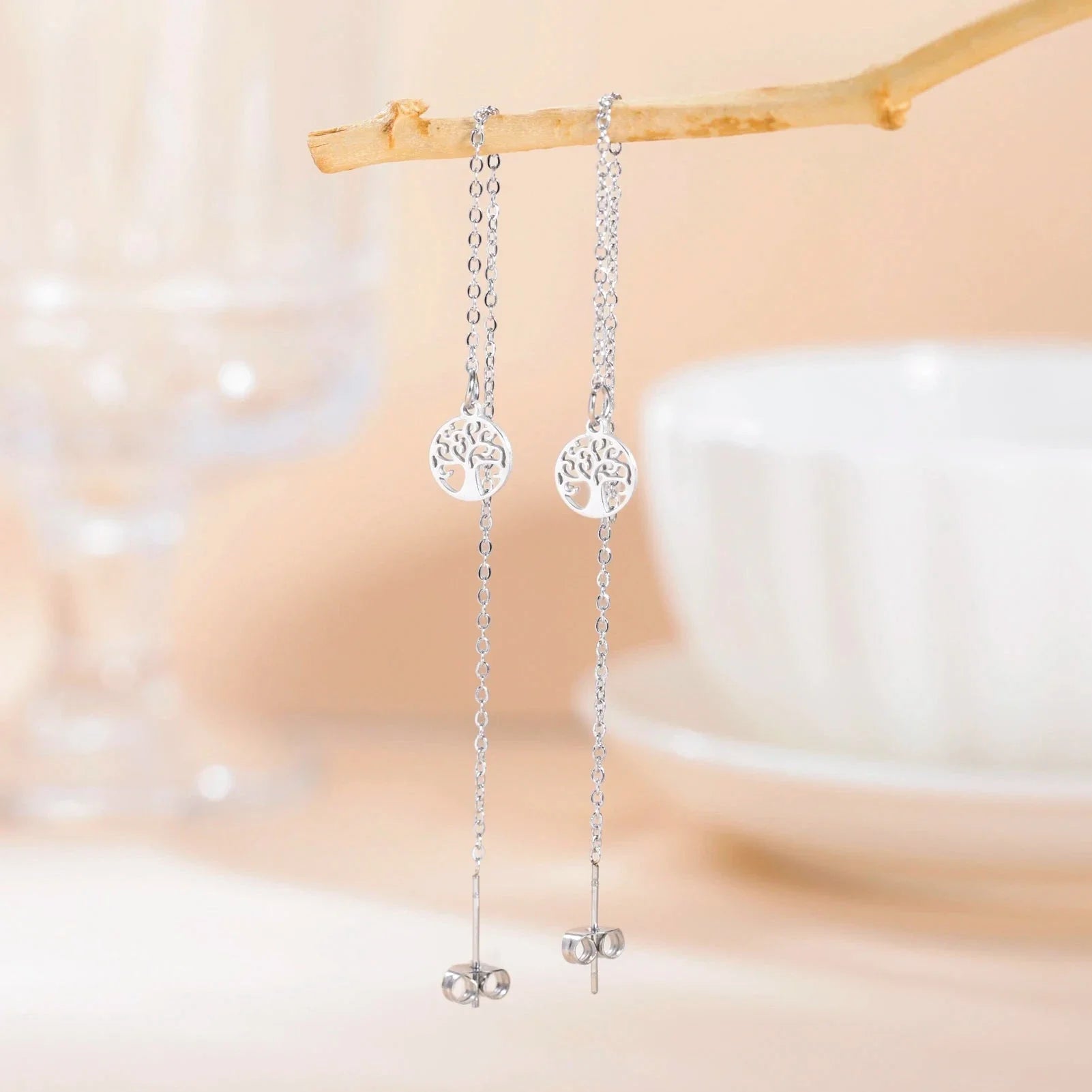 Pendientes Colgantes Para Mujer Árbol de la Vida Plata