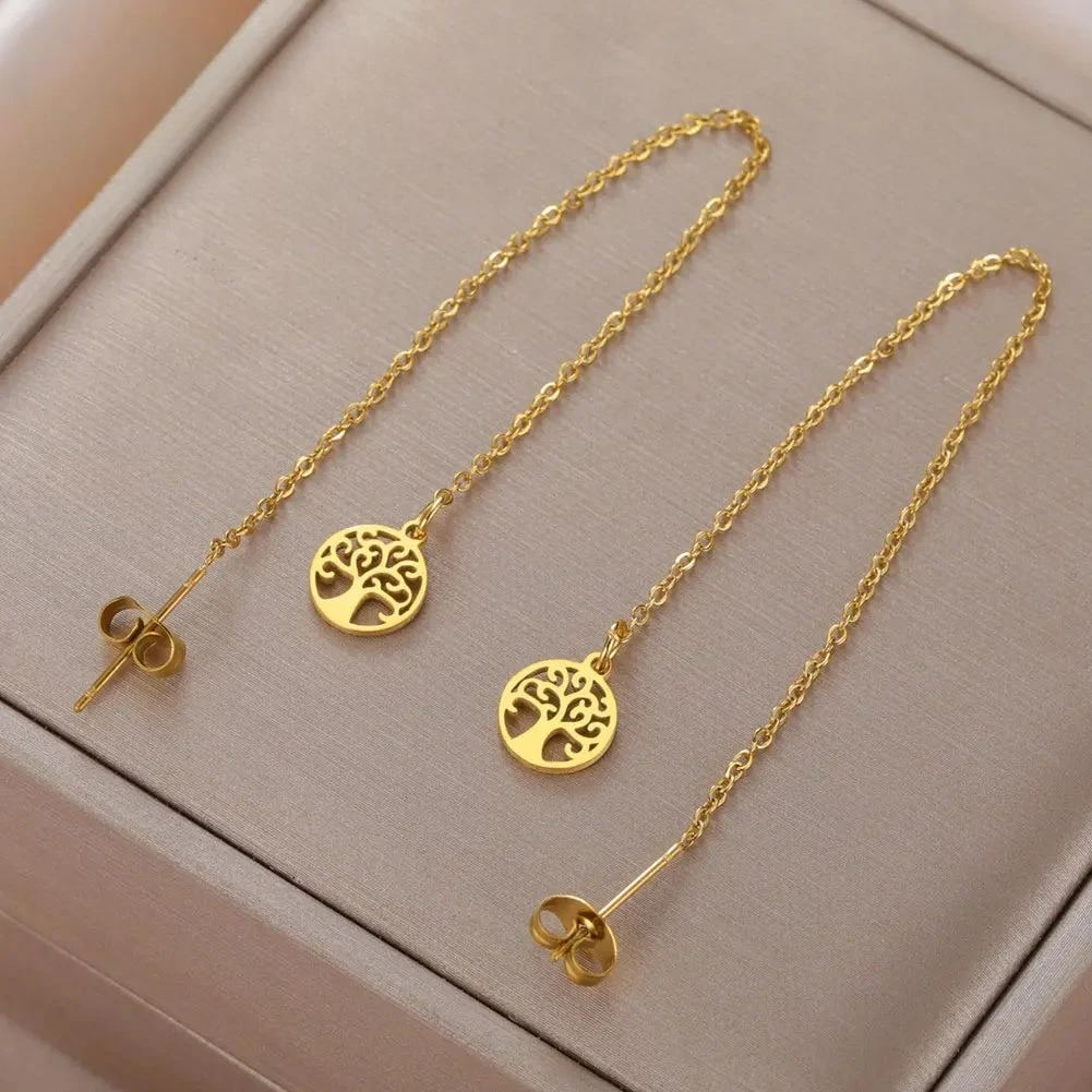 Pendientes Colgantes Para Mujer Árbol de la Vida Oro