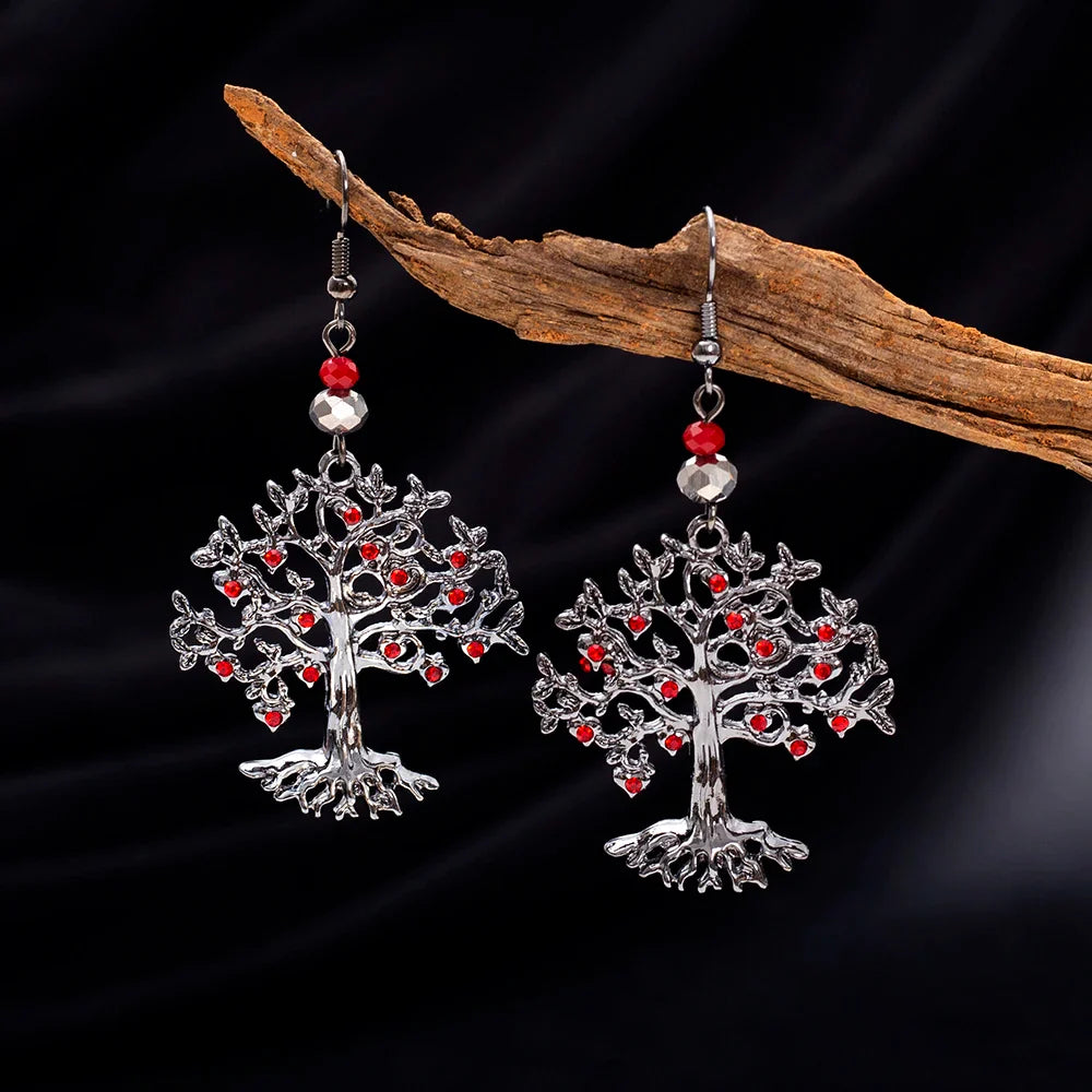 Pendientes Colgantes para Mujer Árbol de la Vida rojo