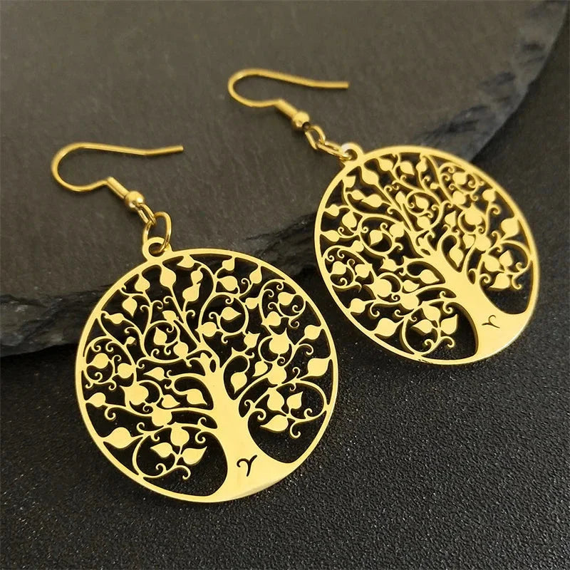 Pendientes Colgantes Redondos Árbol de la vida oro