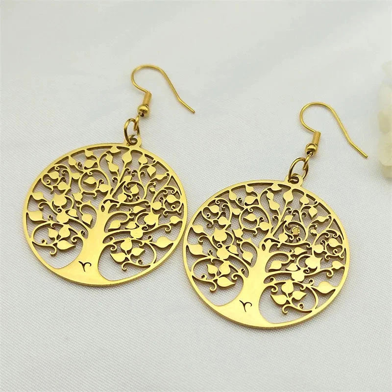 Pendientes Colgantes Redondos Árbol de la vida oro