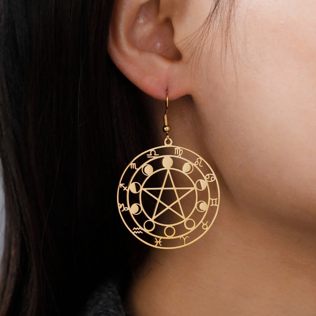 Pendientes Colgantes Pentáculo Brujería Wicca Mujer oro