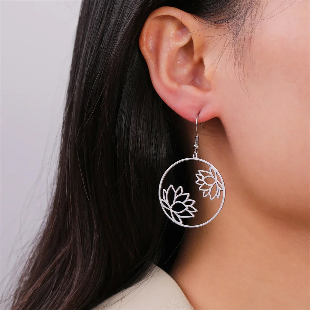 Pendientes Colgantes Redondos Flor de Loto plata