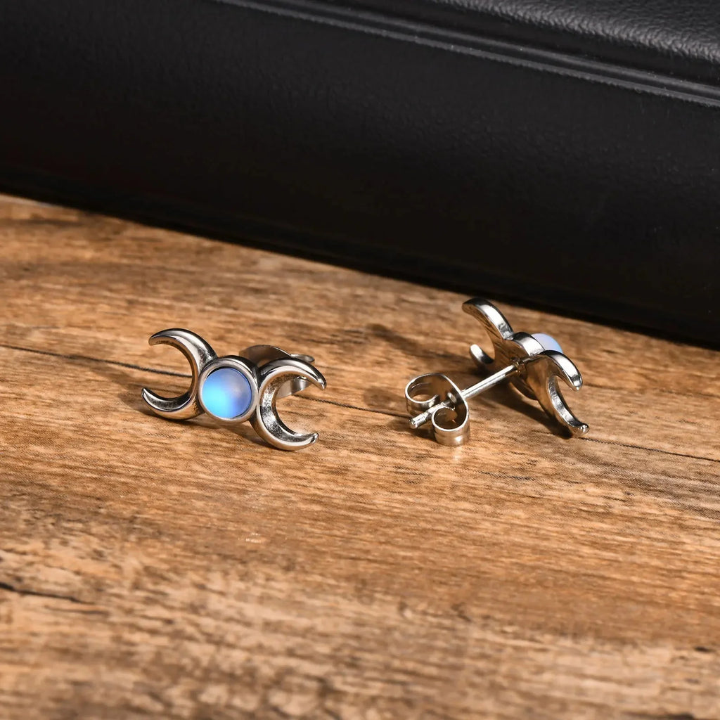 Pendientes de Botón Triple Luna Hechicería Wicca Mujer