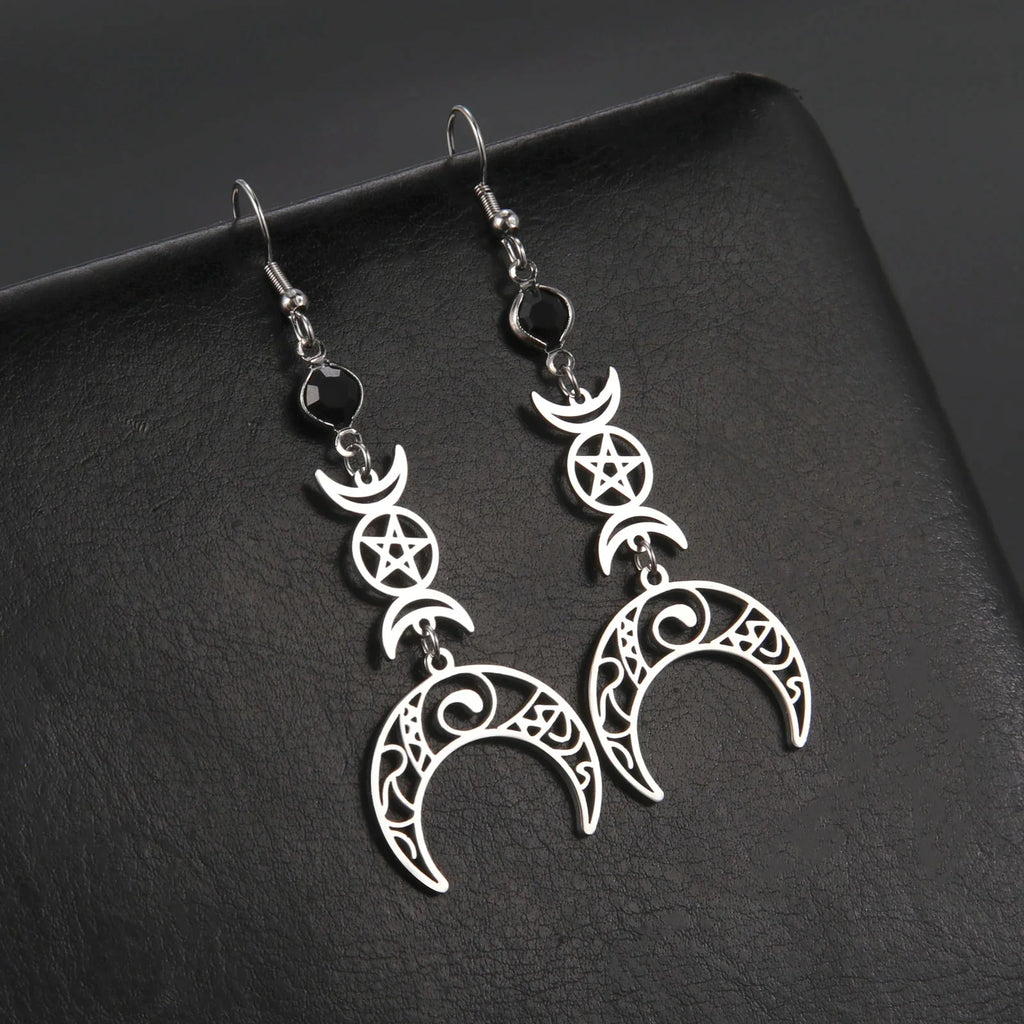 Pendientes Colgantes Triple Luna Brujería Wicca Mujer