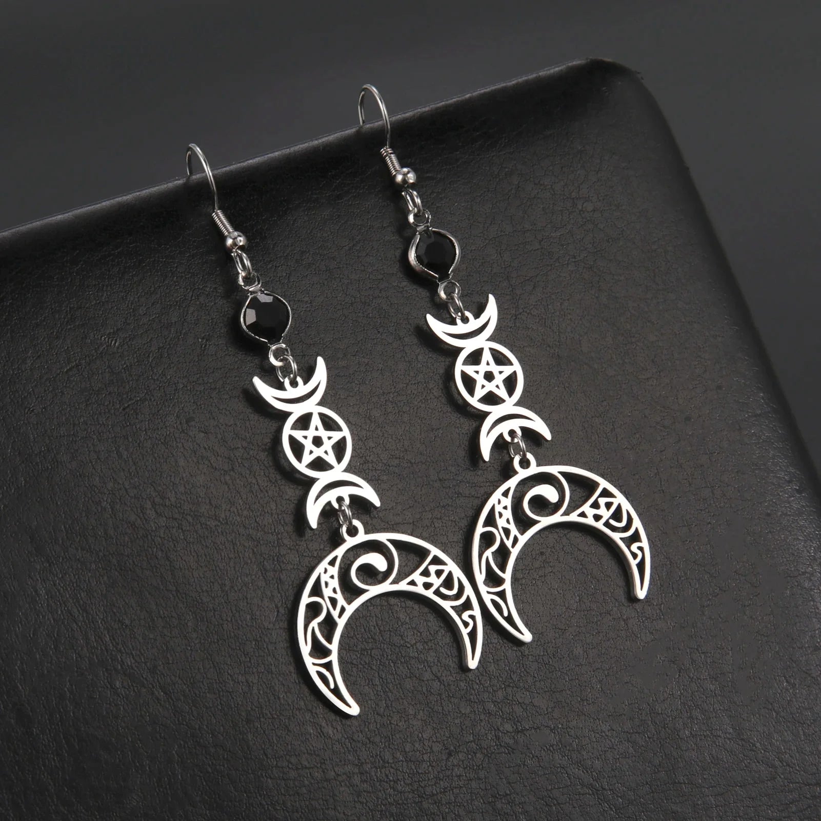 Pendientes Colgantes Triple Luna Brujería Wicca Mujer