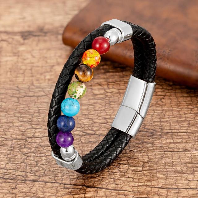 Pulsera 7 Chakras De Cuero Hombre Mujer plata