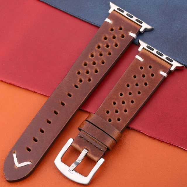 Correa Apple Watch de Cuero Genuino marrón y plata