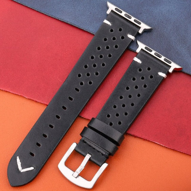 Correa Apple Watch de Cuero Genuino negro y plata