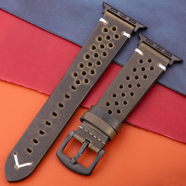 Correa Apple Watch de Cuero Genuino verde kaki y negro