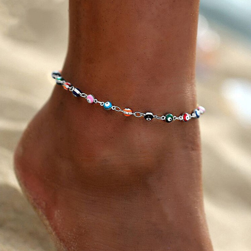Pulsera de Tobillo Contra el Mal de Ojo Azul Griego Turco Mataki Matiasma plata