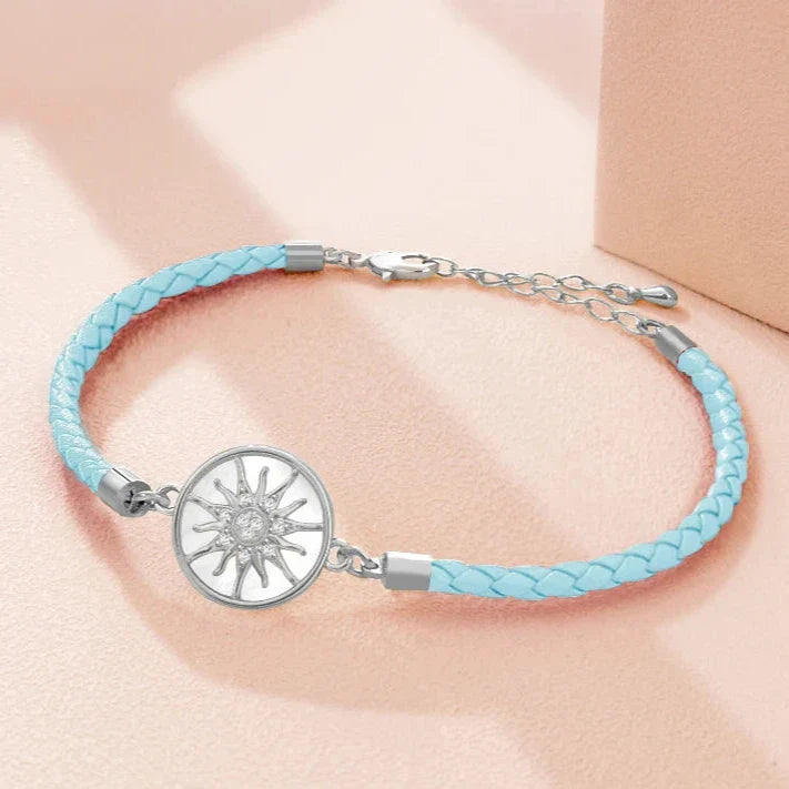 Pulsera Brújula de Cuero Rosa de los Vientos azul celeste plata