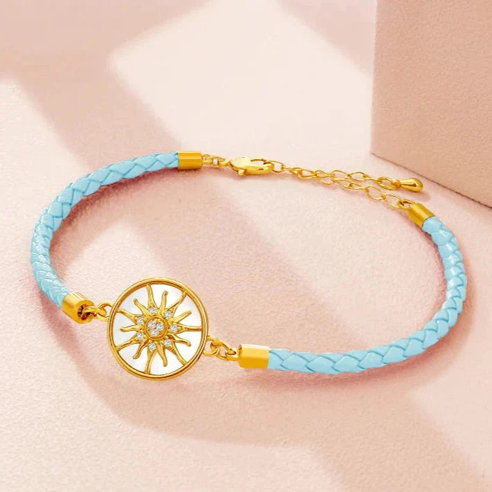 Pulsera Brújula de Cuero Rosa de los Vientos azul celeste oro