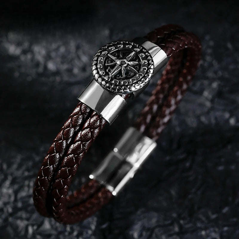 Pulsera Brújula Hombre Cuero Brújula Rosa de los Vientos marrón