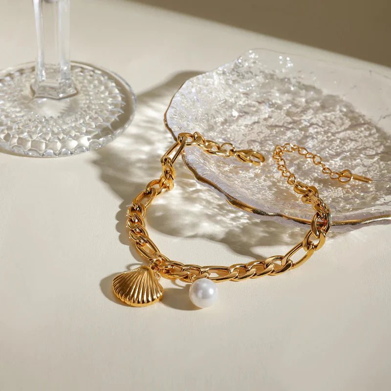 Pulsera Concha de Vieira y Perla de Concha para Mujer
