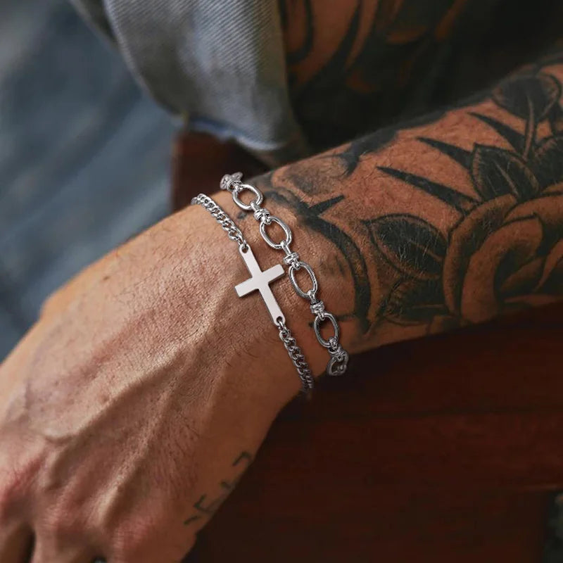 Pulsera Cruz Cadena Gourmet Hombre o Mujer Plata