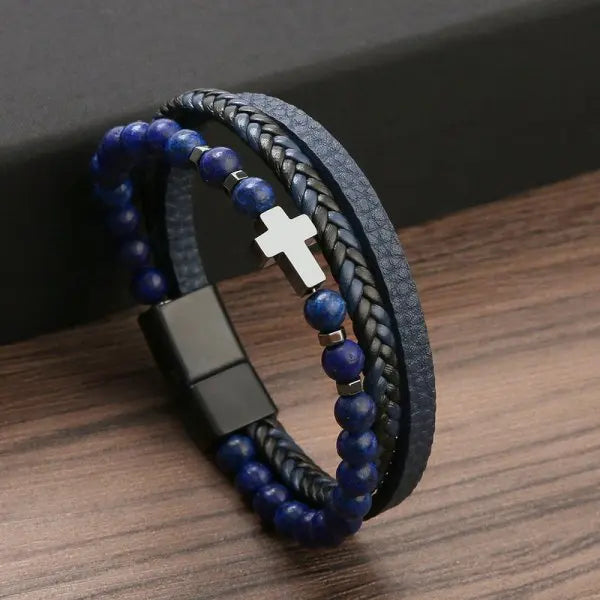 Pulsera Cruz Rosario Piedras Naturales y Cuero