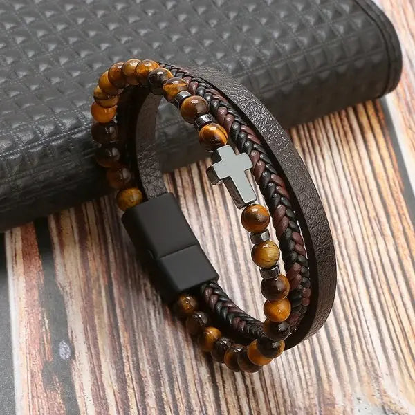 Pulsera Cruz Rosario Piedras Naturales y Cuero