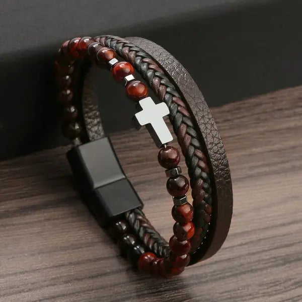 Pulsera Cruz Rosario Piedras Naturales y Cuero