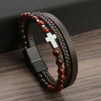 Pulsera Cruz Rosario Piedras Naturales y Cuero