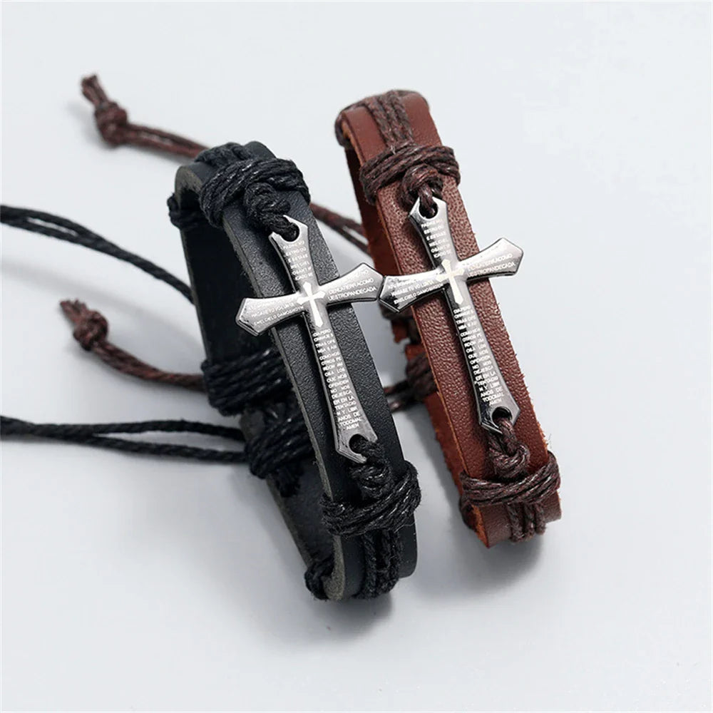 Pulsera Cruz de Cuero Hombre negro