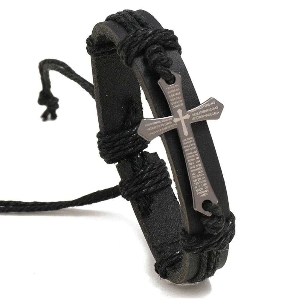 Pulsera Cruz de Cuero Hombre negro