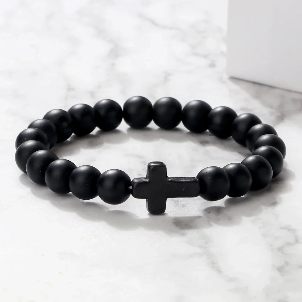 Pulsera Cruz en Piedras Naturales negro brillante