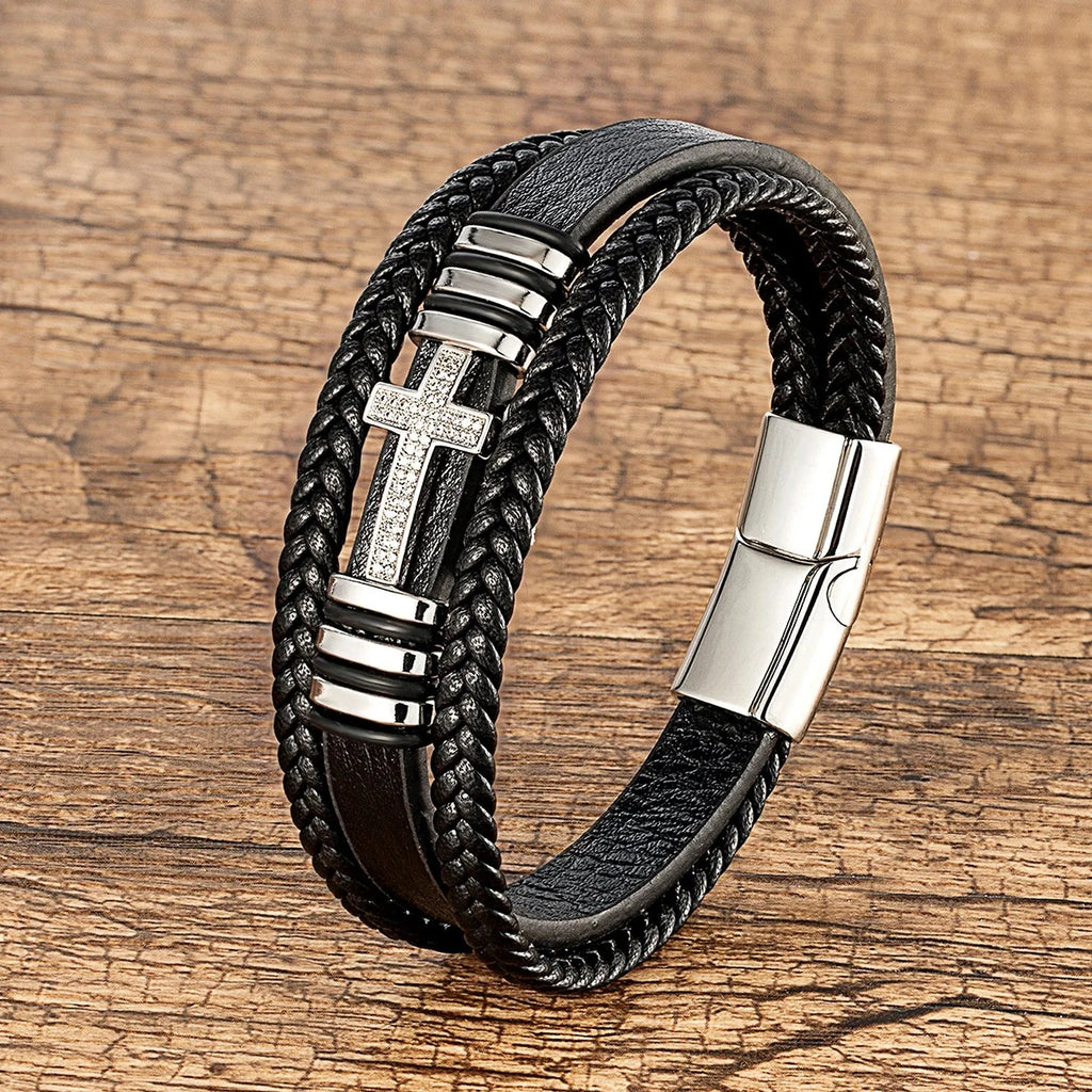 Pulsera Cruz y Trenza en Cuero blanco