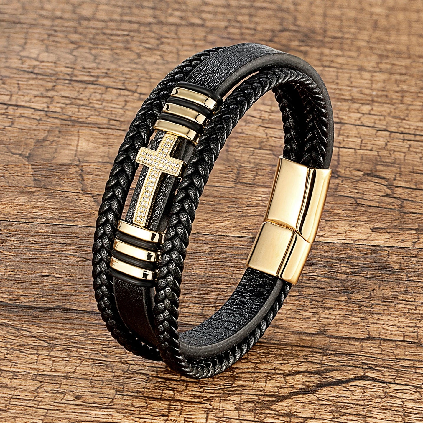Pulsera Cruz y Trenza en Cuero dorado