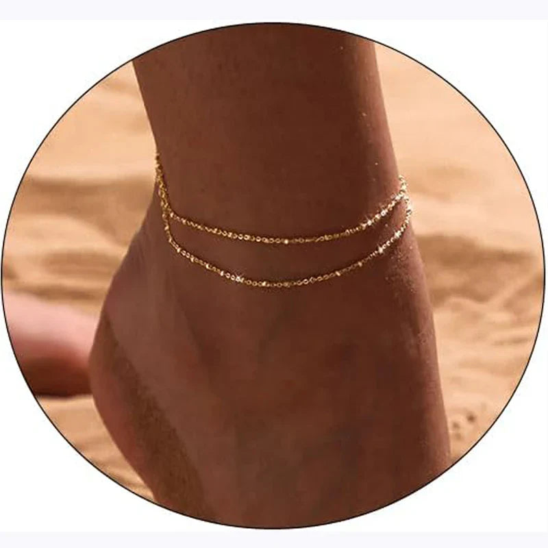 Pulsera de Tobillo Fina Doble Fila oro