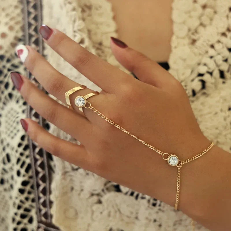 Pulsera de Mano con Circonitas - Joya para Mujer Cadena de Mano y Dedo