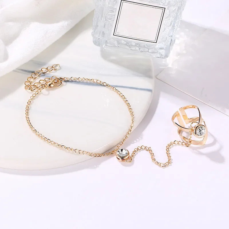 Pulsera de Mano con Circonitas - Joya para Mujer Cadena de Mano y Dedo