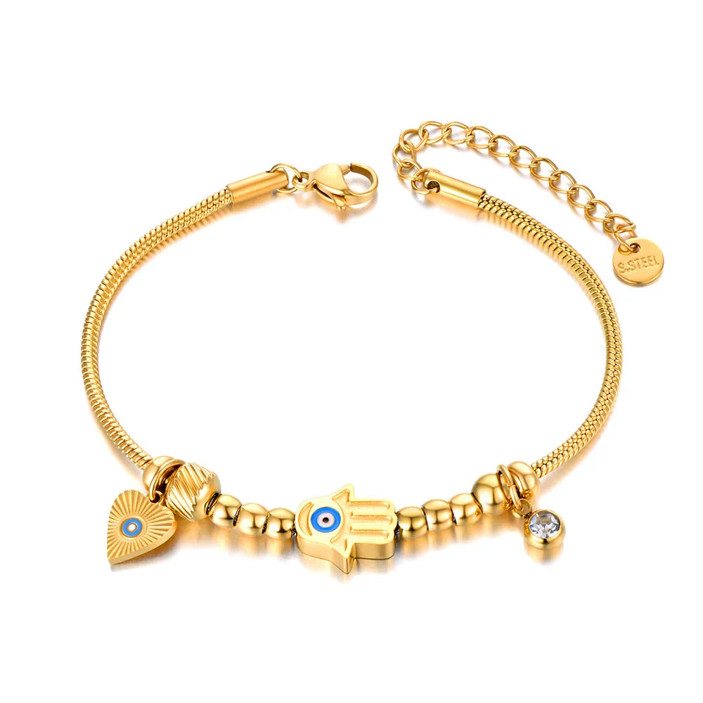 Pulsera de Protección con Mano de Fátima y Ojo Azul oro