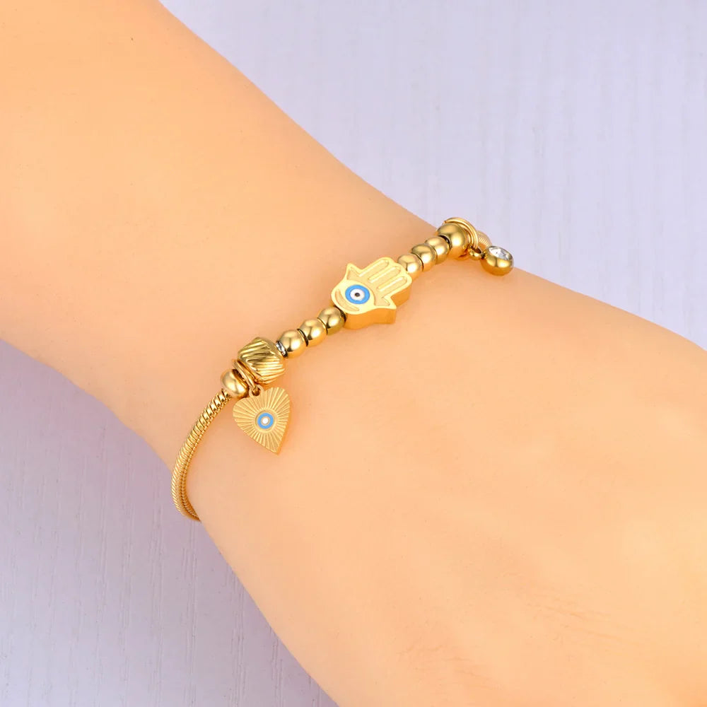 Pulsera de Protección con Mano de Fátima y Ojo Azul oro