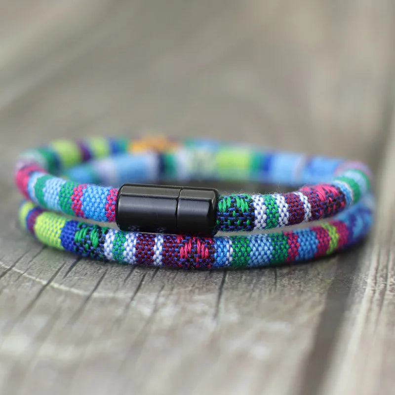 Pulsera Doble Trenzada Étnica Multicolor azul