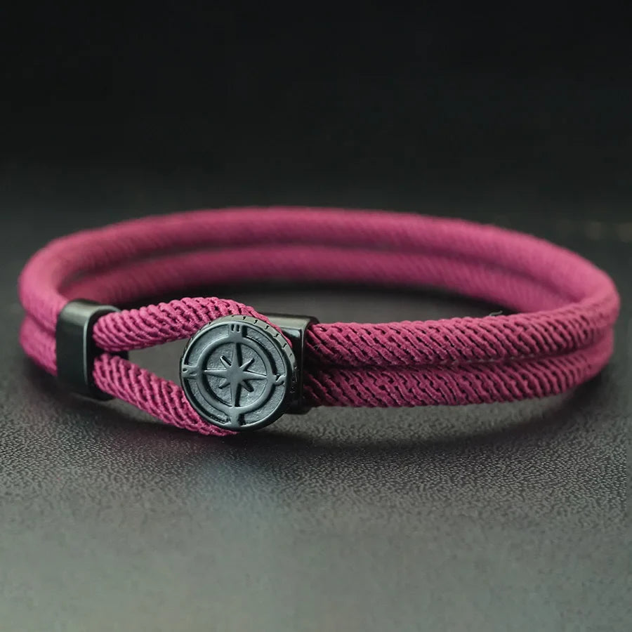 Pulsera de Cuerda con Brújula Negra Rosa de los Vientos burdeos