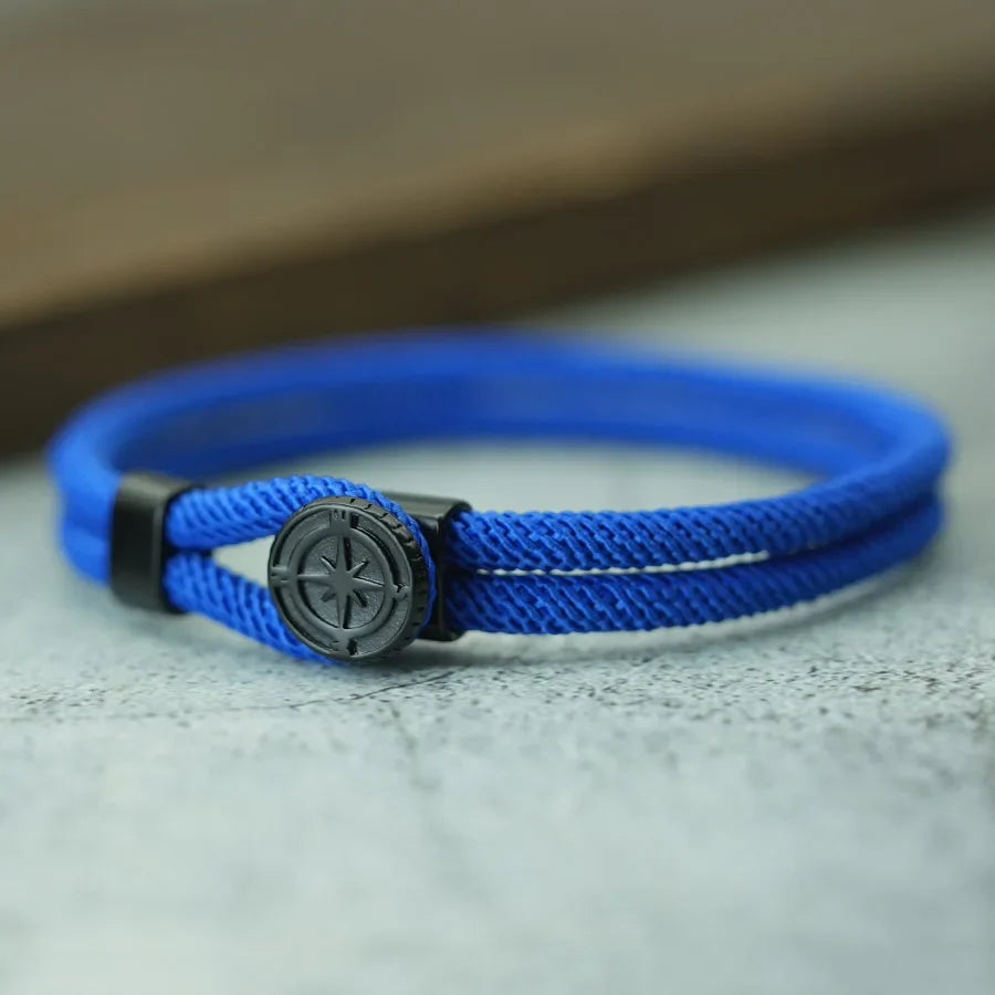 Pulsera de Cuerda con Brújula Negra Rosa de los Vientos azul rey
