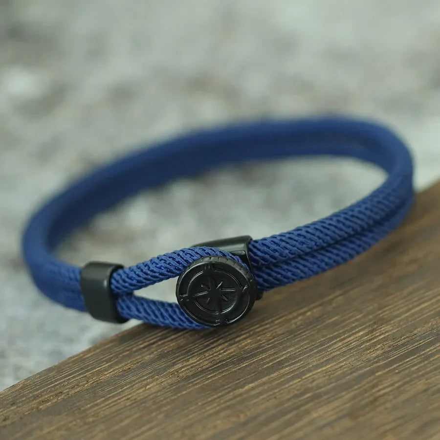 Pulsera de Cuerda con Brújula Negra Rosa de los Vientos azul marino